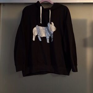 Shiny Silver Pig Black Hoodie Womens Size XXL